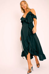 Black Satin Ruffle Wrap Midi Dress ...